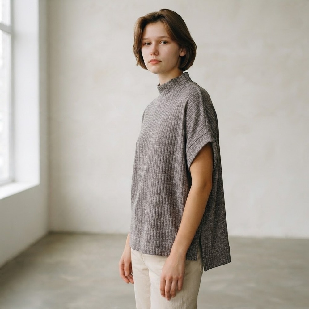NWT Worthington Women Grey Heather Ribbed Mock Neck Short Sleeve Knit Top Size M